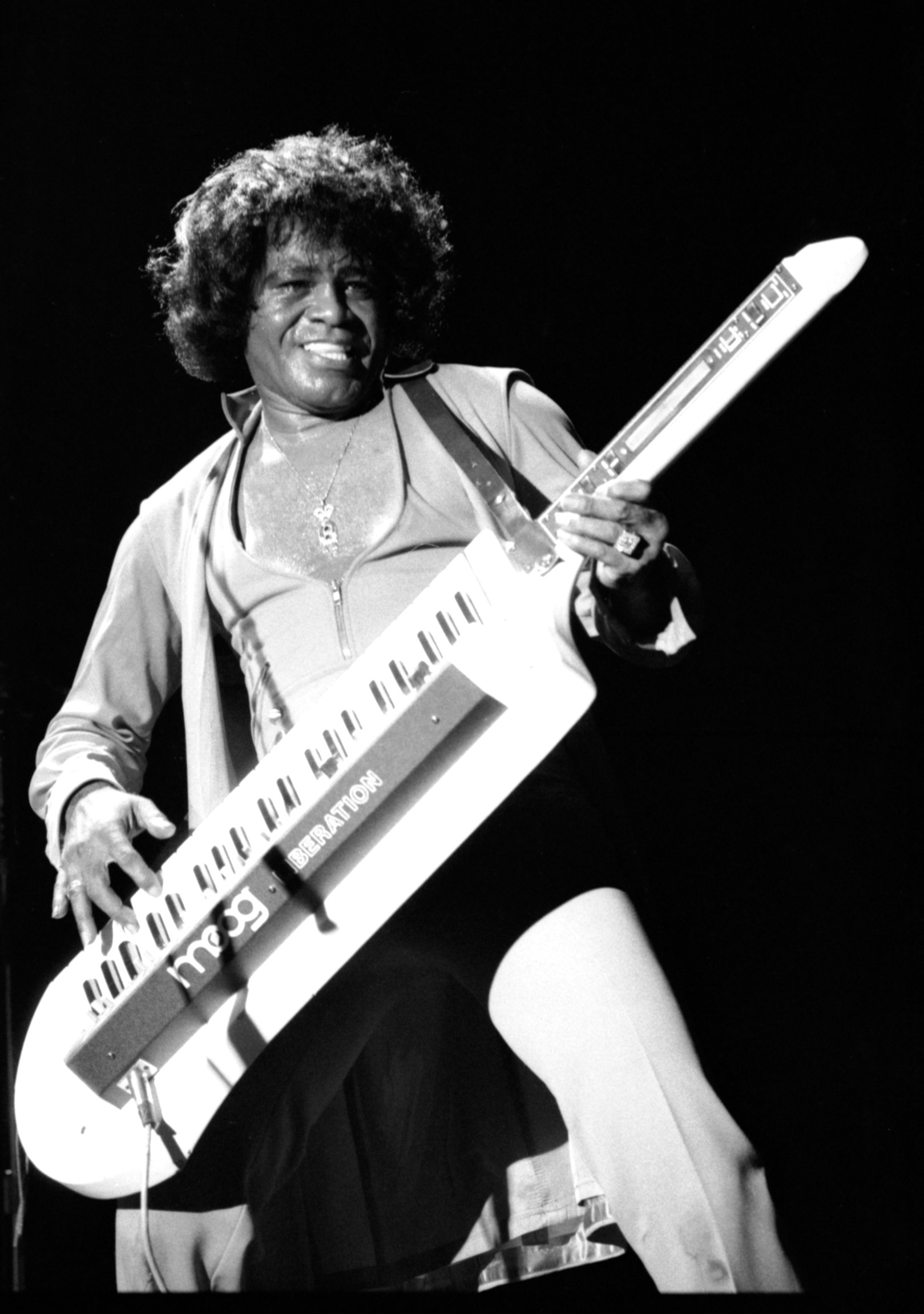 James Brown plays the Moog Liberation at Hammersmith Odeon, London, May 23, 1985. Photo by David Corio/Redferns.
